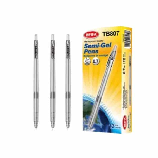 12 pcs Black Semi Gel Ink Pen 0.7mm packaging and pens displayed, showcasing smooth writing performance.
