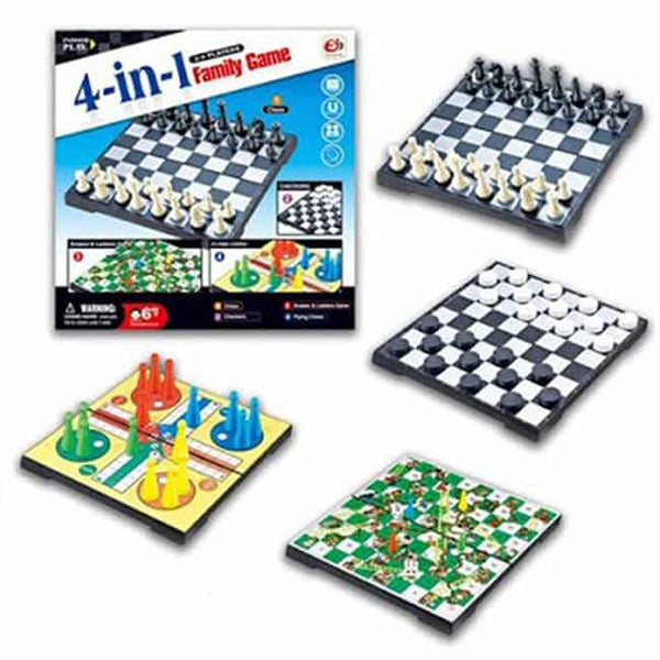 6 in 1 Family Board Game set featuring various board game layouts and pieces for family fun.