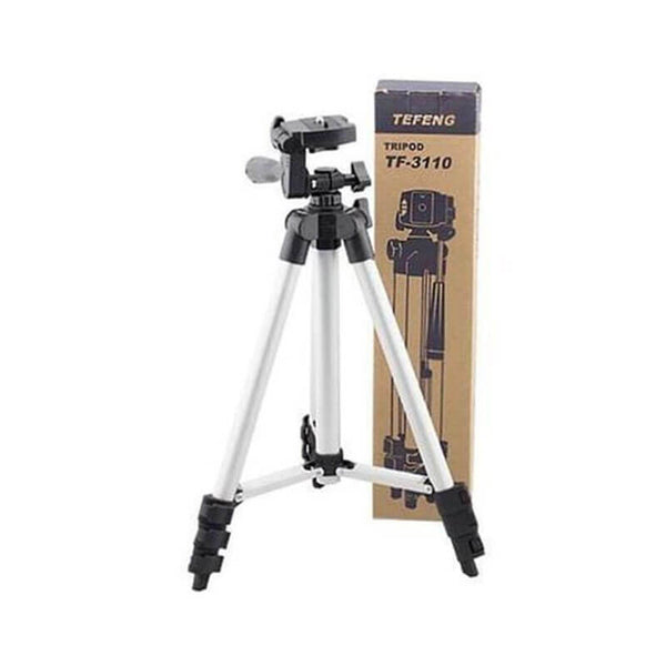 3110 Aluminium Camera Tripod Portable Stand displayed alongside its box, showcasing its lightweight and stable design.