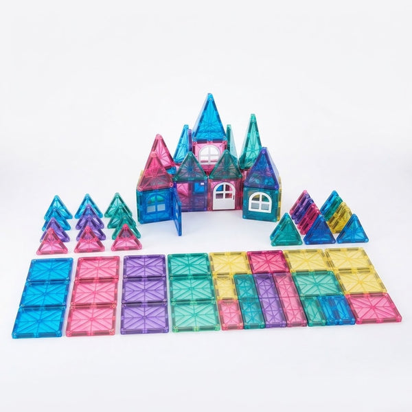 Colorful 58-Piece Magnetic Diamond Building Blocks arranged to create a castle and trees.