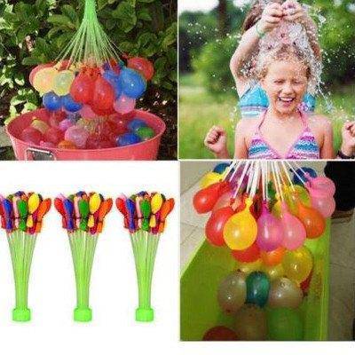 100 Water Balloons displayed in various settings including kids playing, a bucket full of balloons, and bundles of balloons.