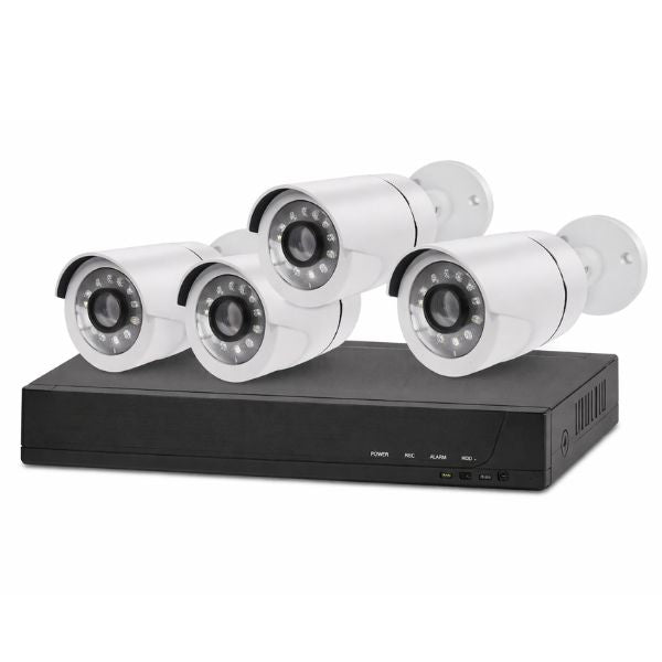 4 Channel Camera Surveillance Kit with four white security cameras and a black DVR system for 24/7 monitoring.