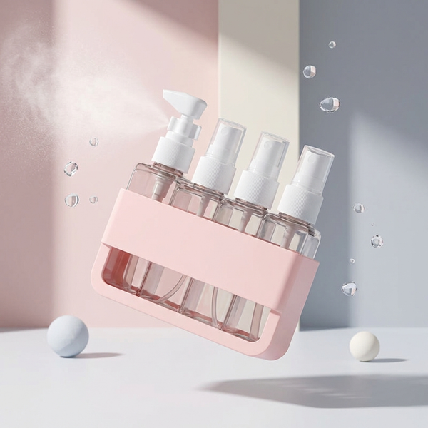 4-in-1 Acrylic Travel Refillable Bottles Set 50ml displayed in a pink holder with spray pumps, surrounded by bubbles.