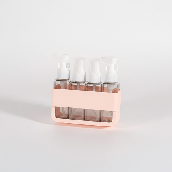 4-in-1 Acrylic Travel Refillable Bottles Set 50ml displayed in a convenient, stylish holder.