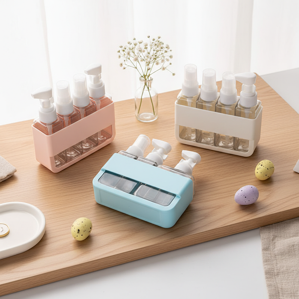 4-in-1 Acrylic Travel Refillable Bottles Set 50ml displayed on a wooden table with decorative Easter eggs.