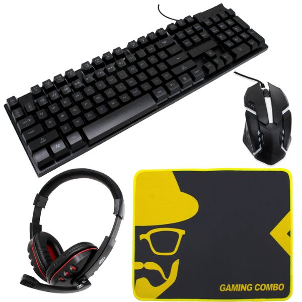 4 in 1 Gaming RGB Keyboard Mouse Headset & Pad Combo including a keyboard, mouse, headset, and mouse pad.