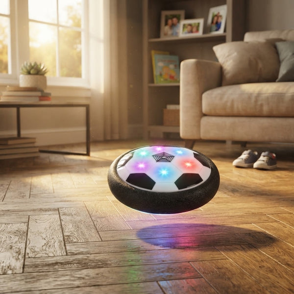 LED Hover Soccer Ball hovering in a living room, showcasing colorful LED lights and a fun indoor play design.