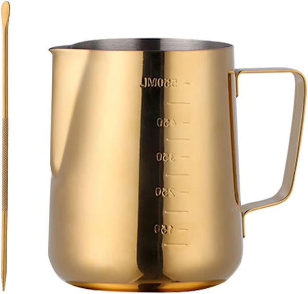 Gold Stainless Steel Milk Frothing Pitcher 350ML with measurement markings and frothing tool.