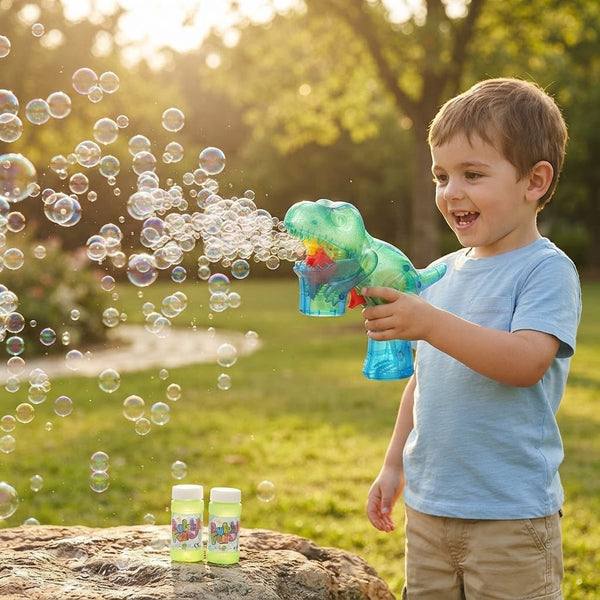 Child using the Dino Light-Up Bubble Gun - Assorted, creating bubbles outdoors in a sunny setting.
