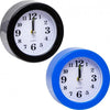Mini Quartz Analog Desktop Alarm Clock in black and blue colors with white clock face and large numbers.