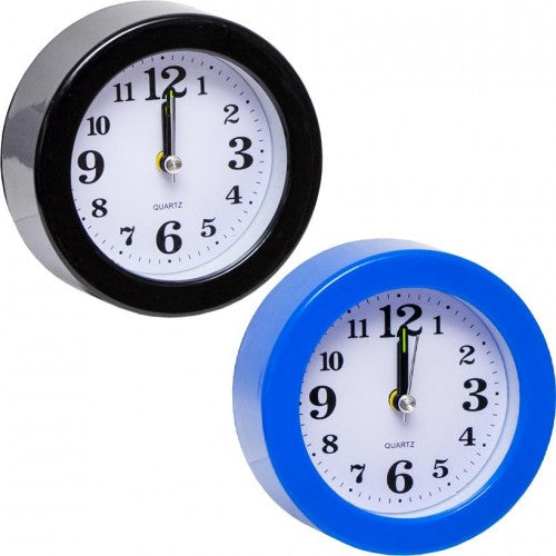Mini Quartz Analog Desktop Alarm Clock in black and blue colors with white clock face and large numbers.