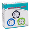 Mini Quartz Analog Desktop Alarm Clock packaging featuring three colorful clock designs.