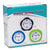 Mini Quartz Analog Desktop Alarm Clock packaging featuring three colorful clock designs.