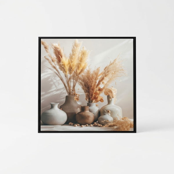 60x80cm Autumn Fields Canvas Wall Art featuring dried pampas grass and sculpted ceramic vases.