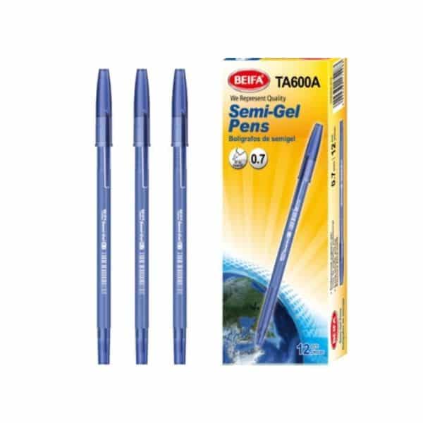 12 pcs Semi-Gel Ink Pens Blue 0.5mm packaging with three blue pens and yellow box design.