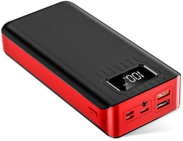 40000mAh High Capacity Triple Input 4 USB Power Bank in a sleek black and red design with digital display.