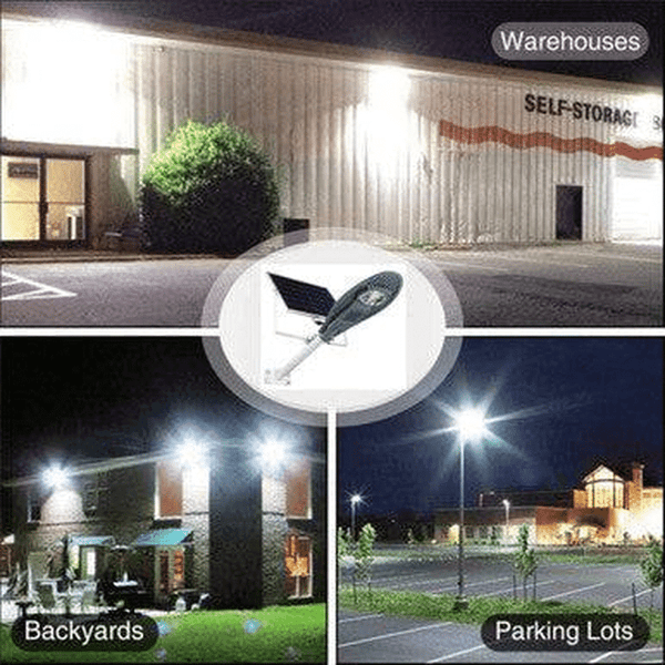 50W Solar Motion Street Light illuminating various outdoor settings like warehouses, backyards, and parking lots at night.
