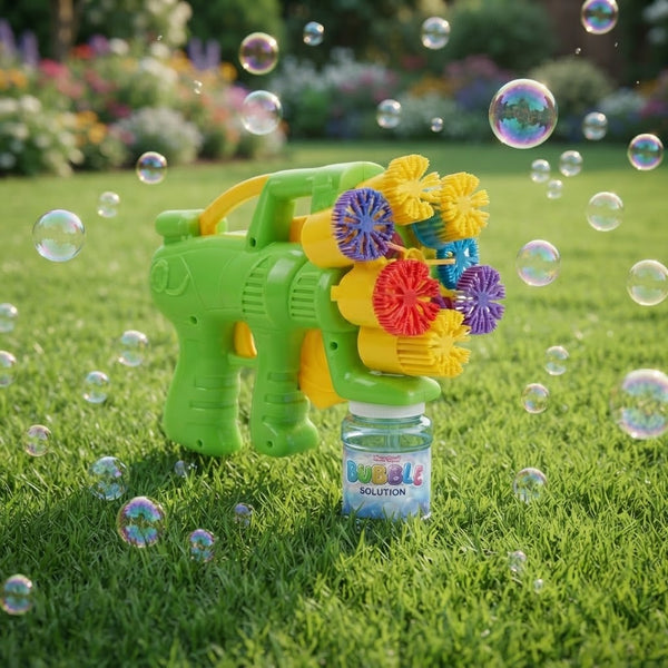 4-Head Bubble Gun Toy surrounded by bubbles, perfect for outdoor fun and interactive play.