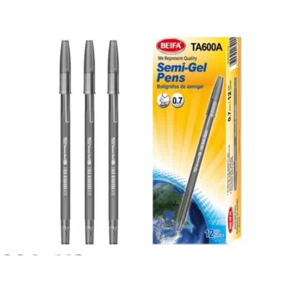 12 pcs Semi-Gel Ink Pens Black 0.5mm in packaging and displayed pens.