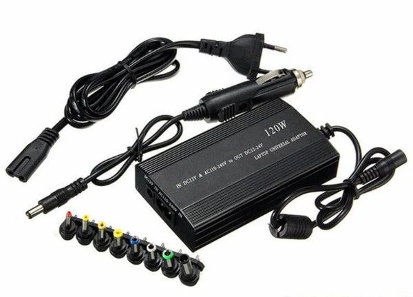 120W Universal Laptop DC Car Charger kit with connected cables and multi-tip connectors displayed