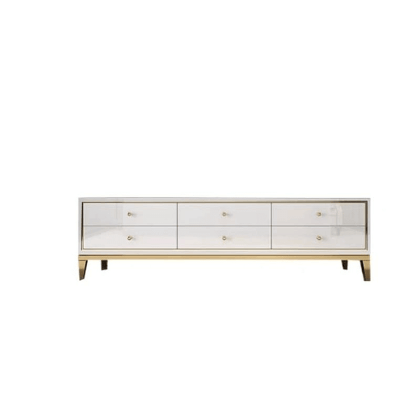 Living Room Modern Entertainment Unit TV Stand with glass front and gold legs, perfect for contemporary home decor.