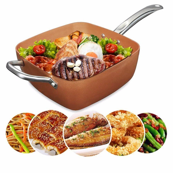 5Pcs Set Deep Dish Square Pan 9.5'' with assorted cooked meals and a variety of ingredients shown.
