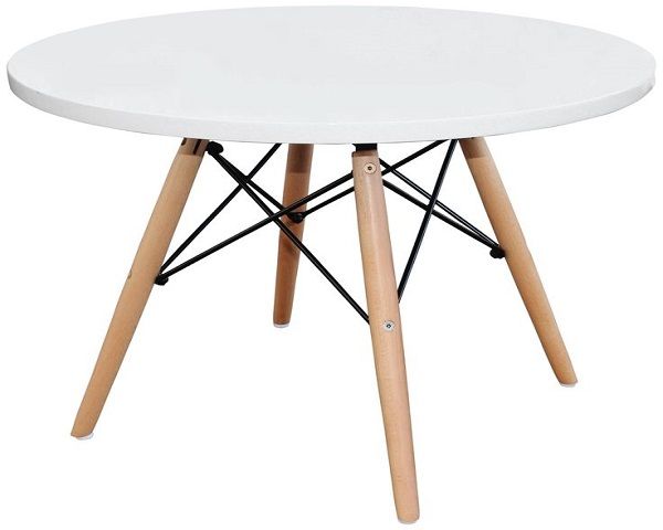 Kids White Activity Table featuring a round top and wooden legs for children's learning and play.