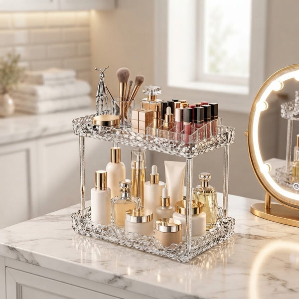 Double-Layer Water Ripple Beauty Organizer Shelf displaying cosmetics and beauty products on a stylish vanity countertop.