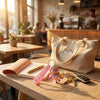 3D Rainbow Unicorn Keychain on a table with a bag and notepad in a cozy café setting.