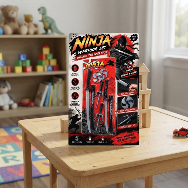 Pretend Play Ninja Warrior Toy Weapon Set displayed in a playroom with colorful toys and a wooden toy house.