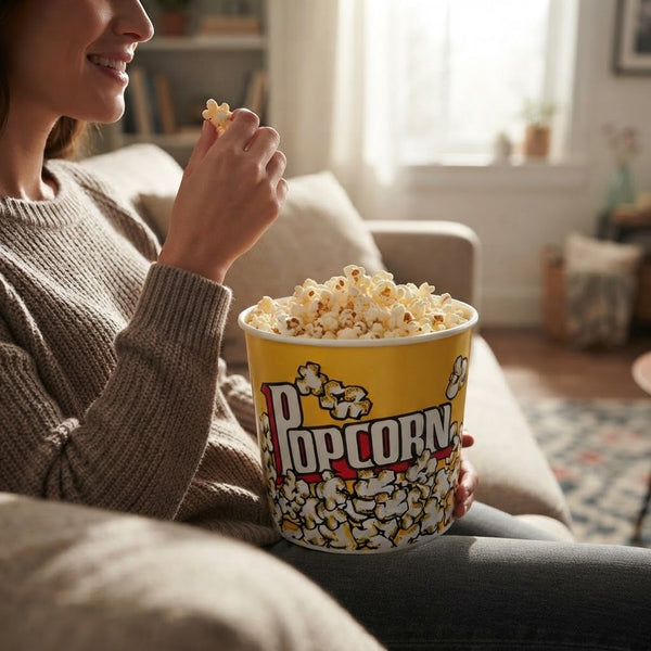 A person enjoying popcorn from an Extra Large Retro-Style Popcorn Bucket while sitting on a couch.