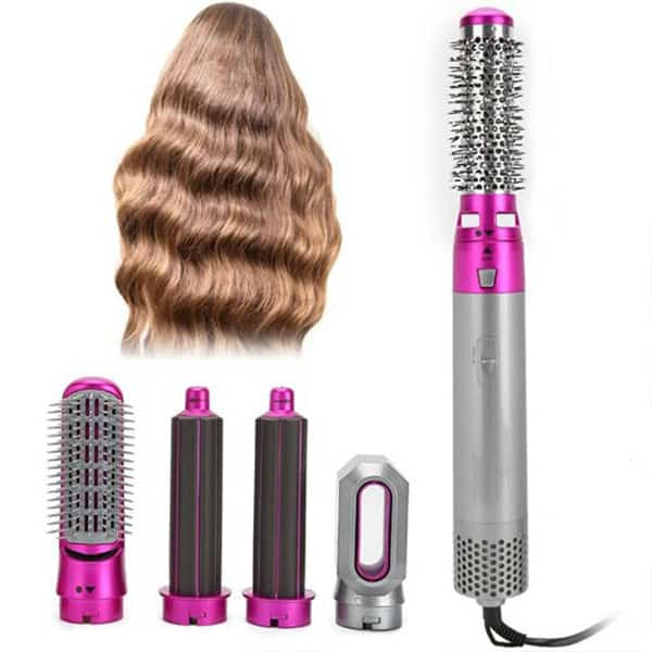 5 In 1 Electric Hot Air Brush Hair Dryer with styling attachments and wavy hair.