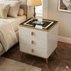 Smart Wireless Charging Bedside Table with Speakers featuring sleek design, three drawers, and wireless charging pad.