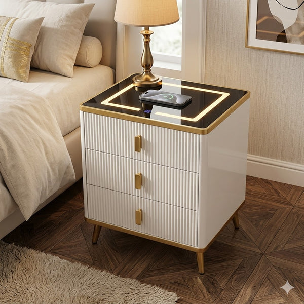 Smart Wireless Charging Bedside Table with Speakers featuring sleek design, three drawers, and wireless charging pad.