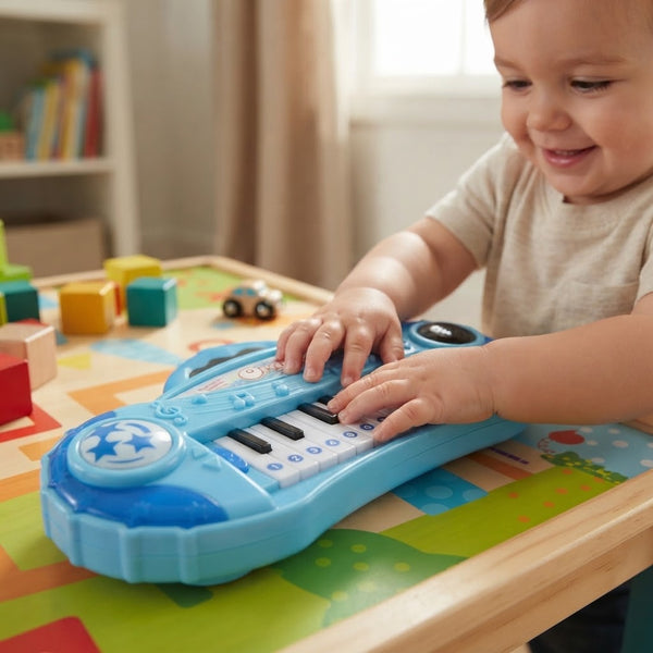 Child playing with the Blue 22-Key Battery-Operated Toy Keyboard Piano on a colorful play mat.