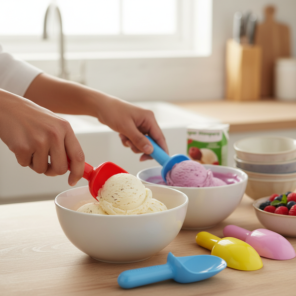 4PC Ice-Cream Super Scoopers in action, scooping different flavors of ice cream from bowls on a kitchen table.