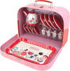 Floral 15-Piece Kids Tin Tea Set with Carrying Case including teapot, cups, and tray in a pink carry case