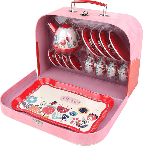 Floral 15-Piece Kids Tin Tea Set with Carrying Case including teapot, cups, and tray in a pink carry case