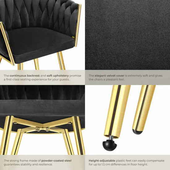 Braided Velvet Plush Fabric Dining Chair features elegant velvet upholstery and height-adjustable plastic feet for comfort.
