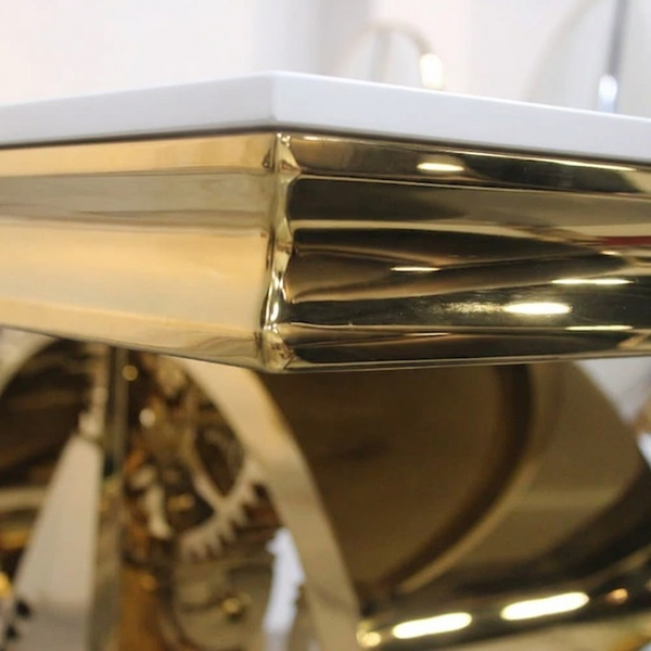 Close-up of the Modern Gold Double Ring Console Table showcasing its luxurious metallic finish and sleek design.