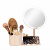 LED Makeup Mirror with Rotating Cosmetic Organizer featuring a round mirror and makeup brush holder.