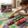 Child playing with 7-Piece Die-Cast Alloy Racing & Rescue Vehicle Gift Set on a colorful play mat.
