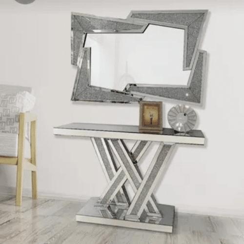 Elegant Silver Console & Mirror Set showcasing modern design and reflective surfaces in a stylish entryway.