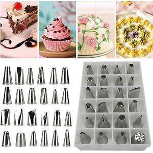 Cake Decorating Nozzle Set 24 pcs featuring various nozzles used for decorating cakes and cupcakes.