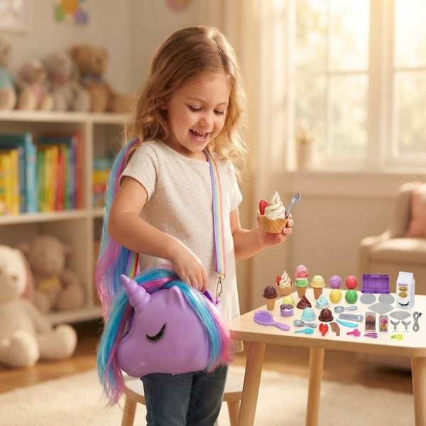 A young girl enjoying imaginative play with the Purple Unicorn Crossbody Bag and 30-piece pretend play ice cream set.