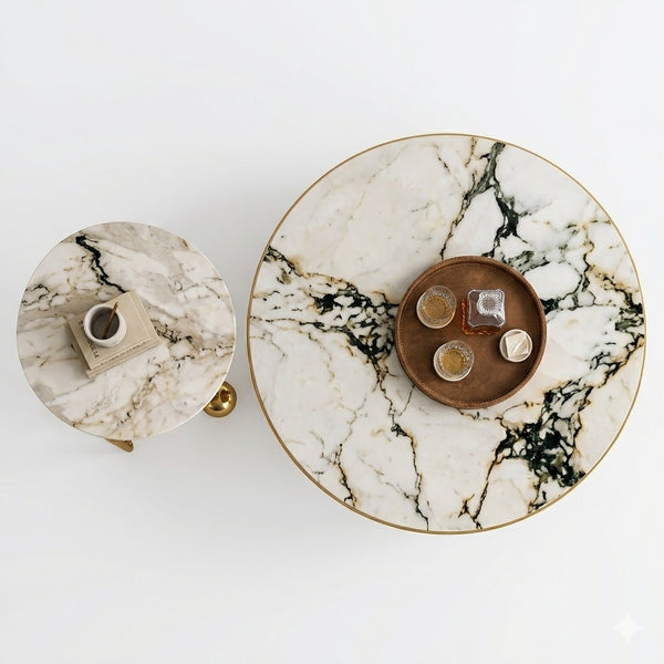 Luxury Marble and Gold Nesting Coffee Table Set with elegant marble tops and gold accents, perfect for stylish living rooms.
