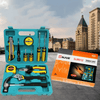 16-Piece Compact Home Repair Tool Kit featuring assorted tools in a turquoise case against a city skyline background.
