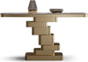 Contemporary Extra Long Faux Marble Console Table with a unique gold base and decorative items on top.