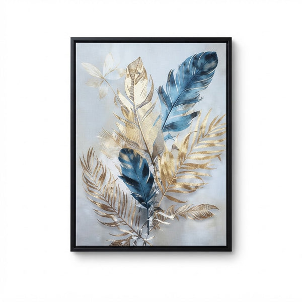 Elegant Feathers and Palm Fronds Abstract Art Piece featuring gold and blue leaf designs in a modern frame.