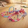 Pink Battery-Operated Toy Race Track Playset featuring colorful tracks, cars, and playful figures.